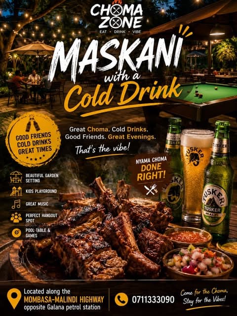 Nyama choma with Tusker beers in garden setting at night